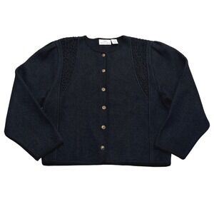 Carroll Reed Vintage 100% Wool Black Cardigan Crochet Detail Gold Button XL